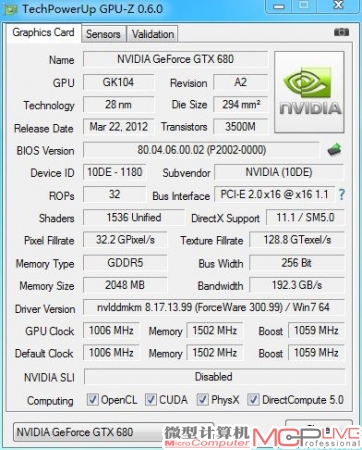 GTX 680 GPU-Z截图。GPU-Z0.6.0版本已经能很好地识别GTX 680，各项参数都能正常准确的显示。其中原Shader频率的窗口改为显卡的Boost频率。