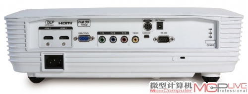 奥图码IS803背部接口图，注意红圈标示的12V幕布联动继电器输出和3D VESA射频3D接口。