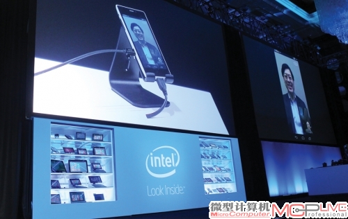 科再奇在主题演讲中与联想CEO杨元庆进行了视频通话演示，用的就是采用XMM7260的智能手机。