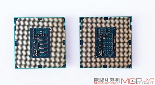与Core i7 4770K相比(右)，Core i7 4790K(左)的背面明显不同，配备了更多的电容。