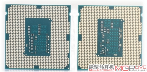 虽然开放了倍频超频，但由于是双核处理器设计，功耗不高，因此Pentium G3258(左)处理器的背面并未像Core i7 4790K那样配备了更多的电容，其电容数量比Haswell Core i5级别(右)的产品还要少。