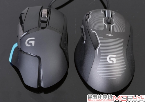 罗技G502算是罗技G系列鼠标的“变脸”第一作，我们从这款产品身上能清晰地看到罗技急欲拜托低调沉稳的印象，而走向高端时尚游戏市场的决心。(左为G502，右为经典的G500S)