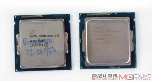 工程版Core i5 5675C处理器(左)对比Core i5 4460处理器，从以上对比不难发现，虽然它们在正面上非常相似，但在处理器背面，Broadwell台式机处理器的电容少了很多，表明新工艺的采用降低了处理器的供电需求。